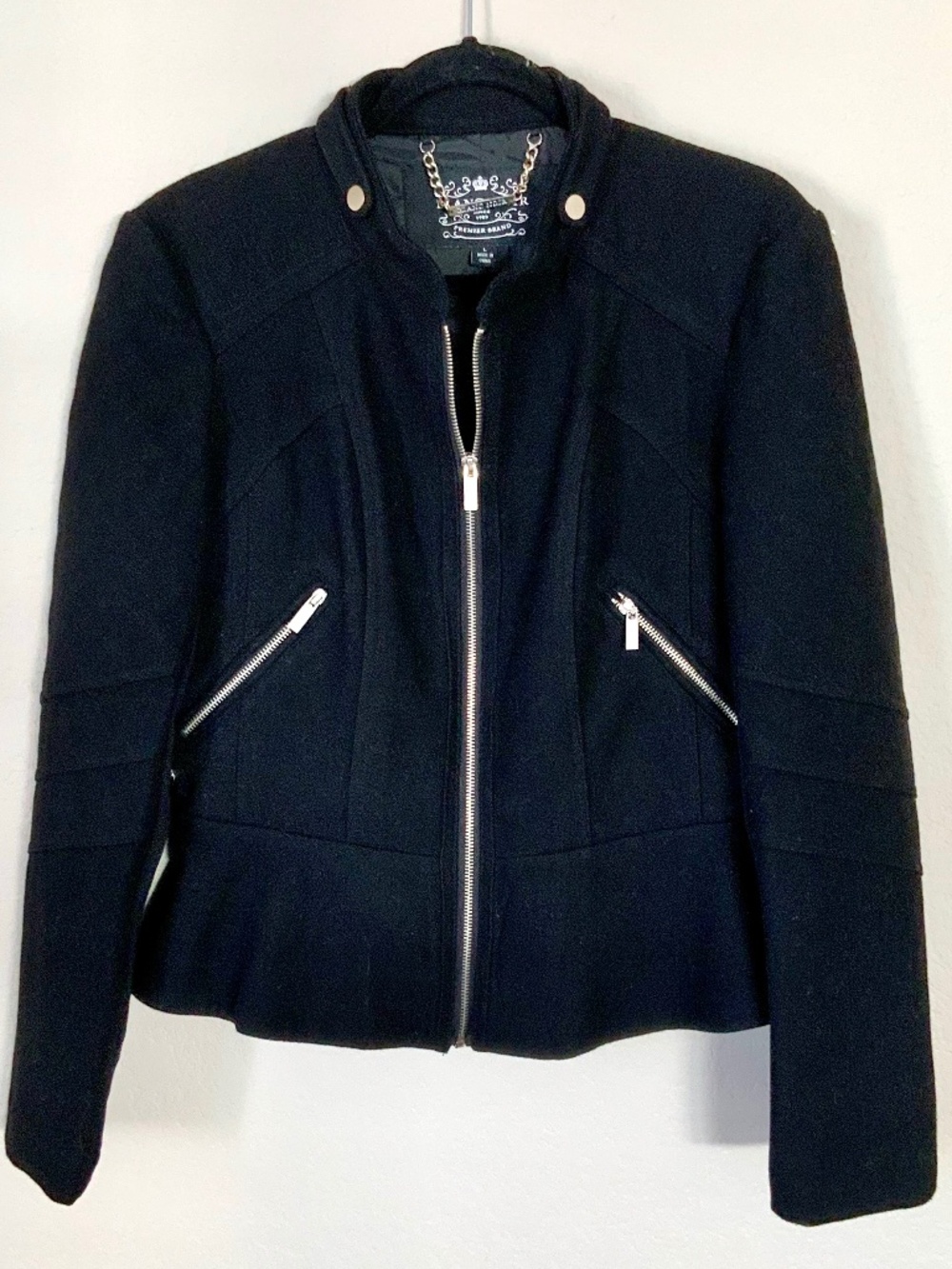 LIKE NEW! Wool Jacket Military Moto Blanc Noir Size Large Cropped